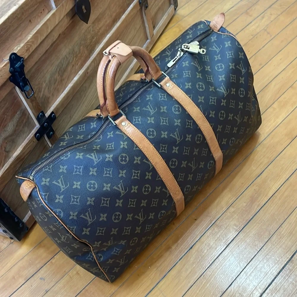 Louis Vuitton Brown Monogram Keepall Duffel with Tan Leather Trim